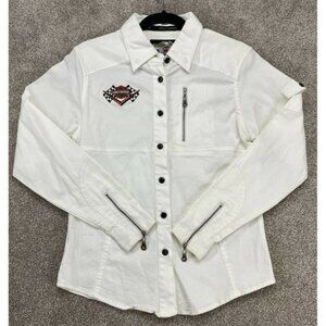 Harley Davidson Women Medium White Shirt Jacket Embroidered Long Sleeve